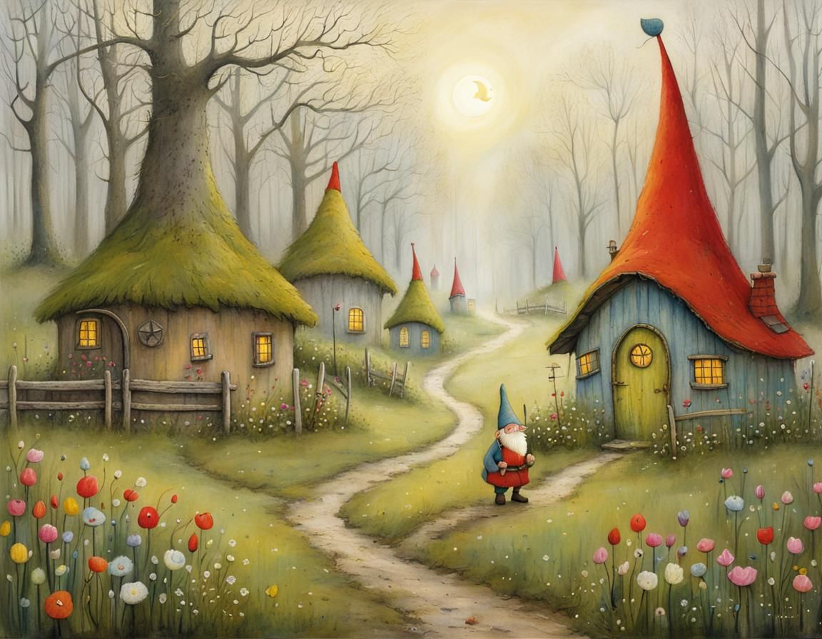 Magical Gnome Village on Foggy Spring Morning