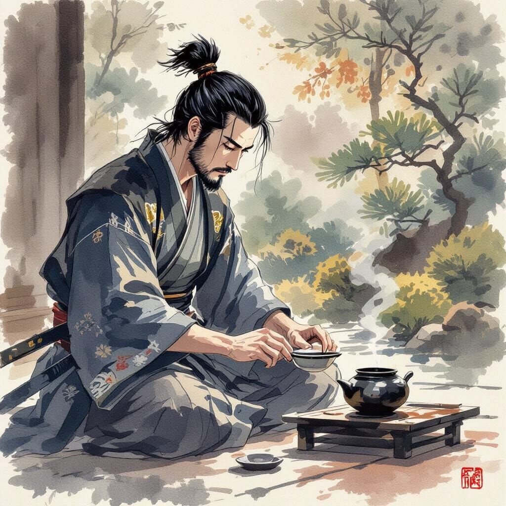 Samurai Perfecting Tea Ceremony in Hokusai Style