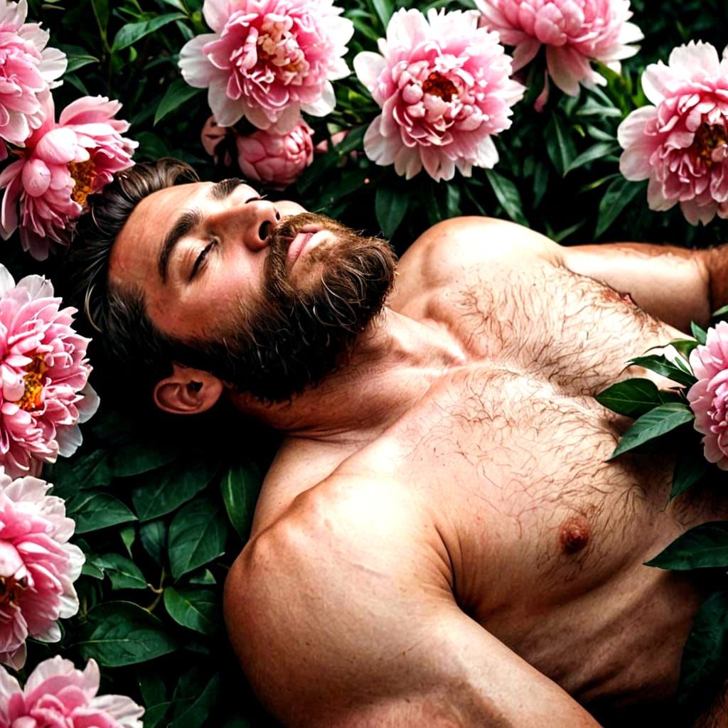 Cinematic Portrait of Bearded Man on Peonies