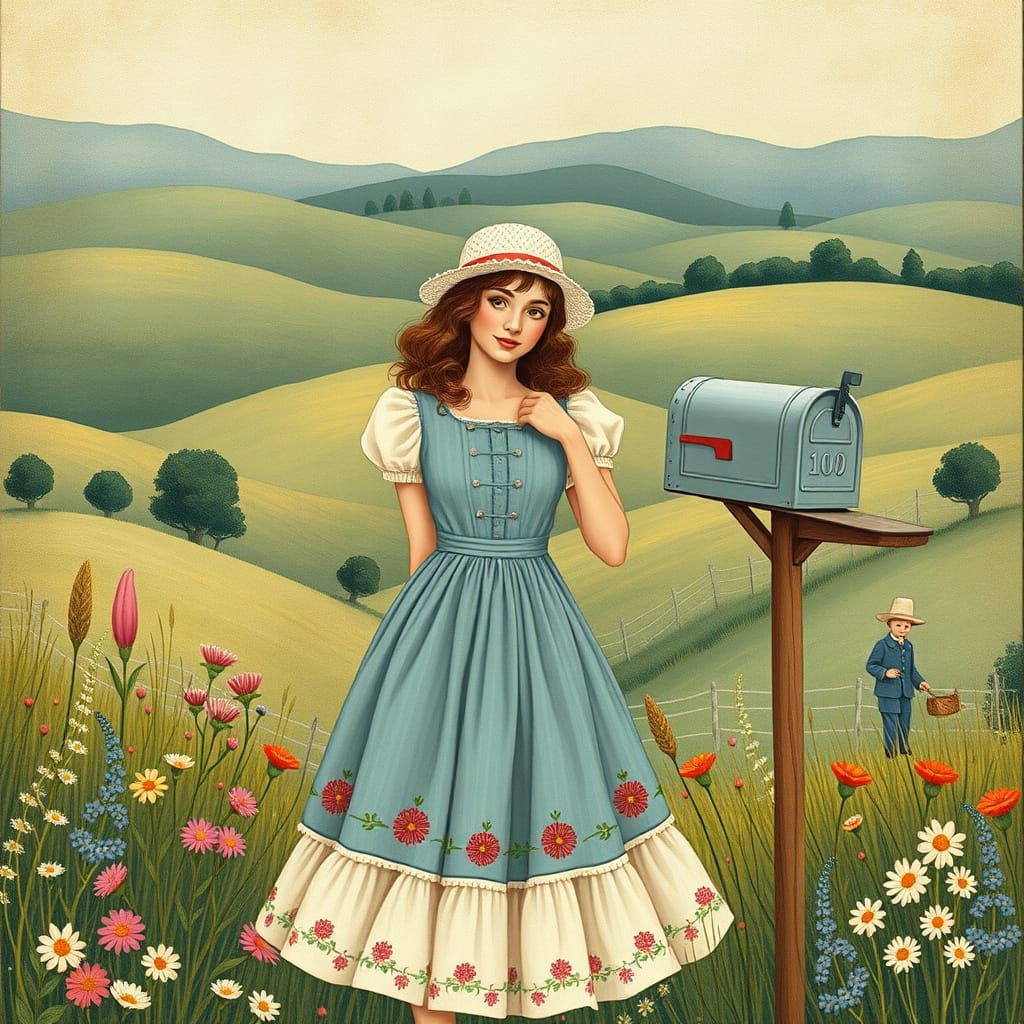 Vintage Woman with Mailbox in Whimsical Style