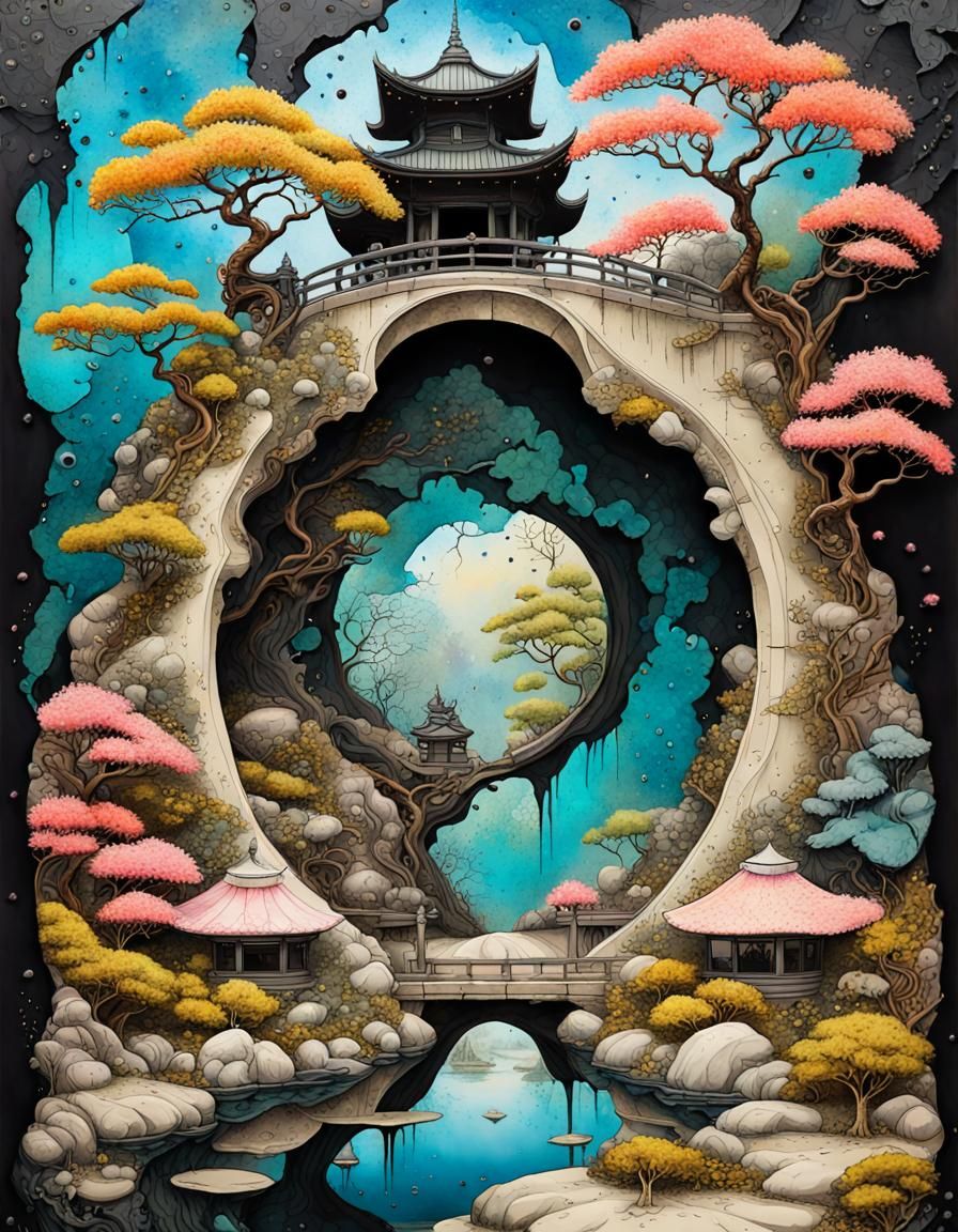 Surreal Japanese Garden Painting in Rococo Style