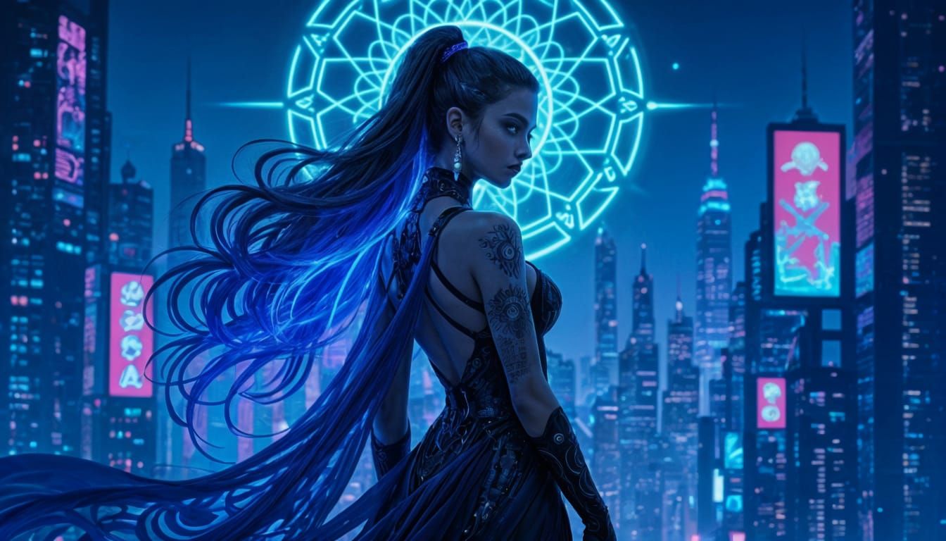 Cyberpunk Goddess with Bioluminescent Hair in Art Deco Style