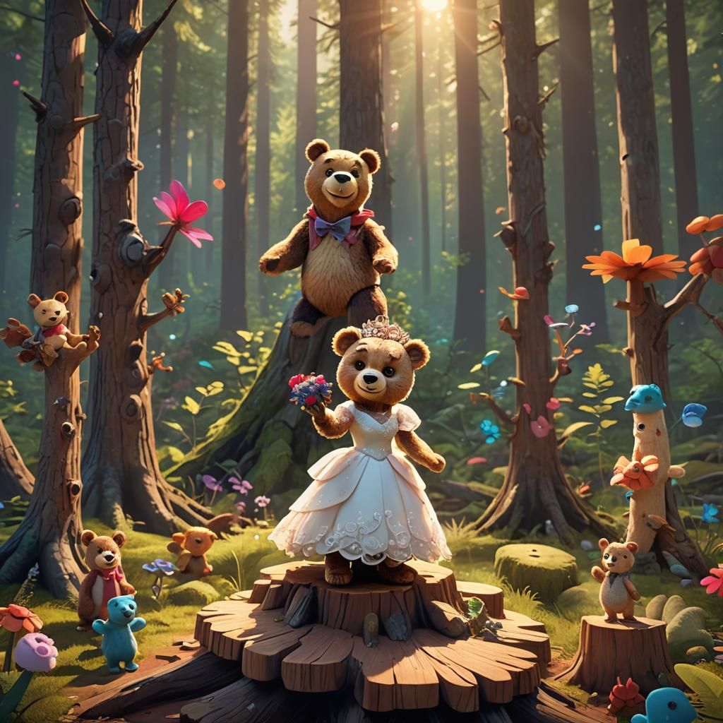 Teddy Bear Wedding in Pixar-Inspired 3D Style