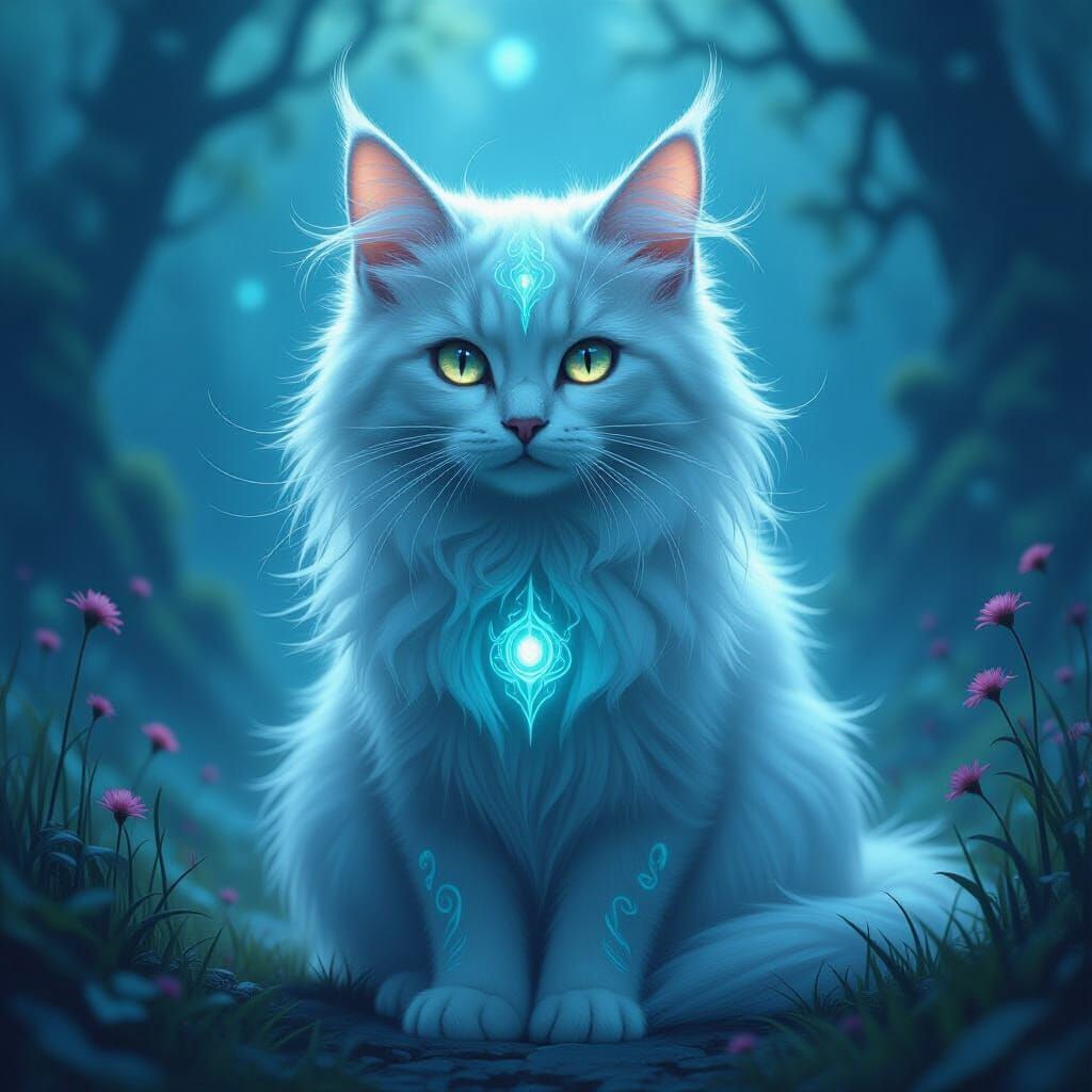 Ghostly Cat with Luminous Fur and Arcane Symbols