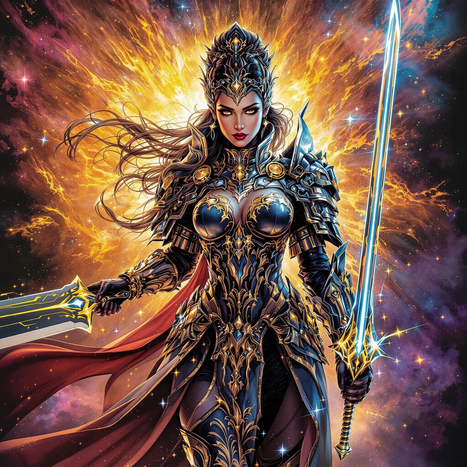 Futuristic Woman Warrior with Neon Sword in Comic Art Style