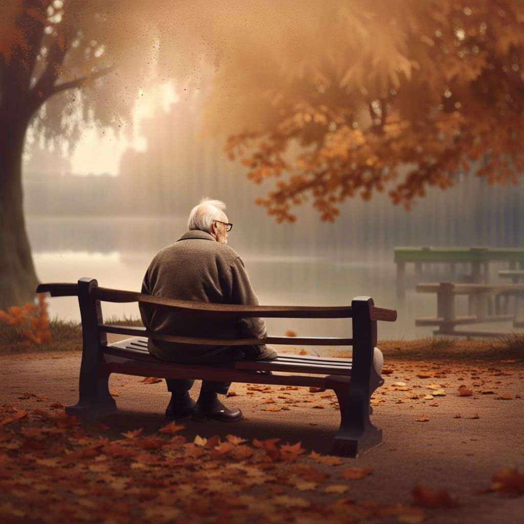 Old Man on Bench in Autumn Park: Cinematic Still