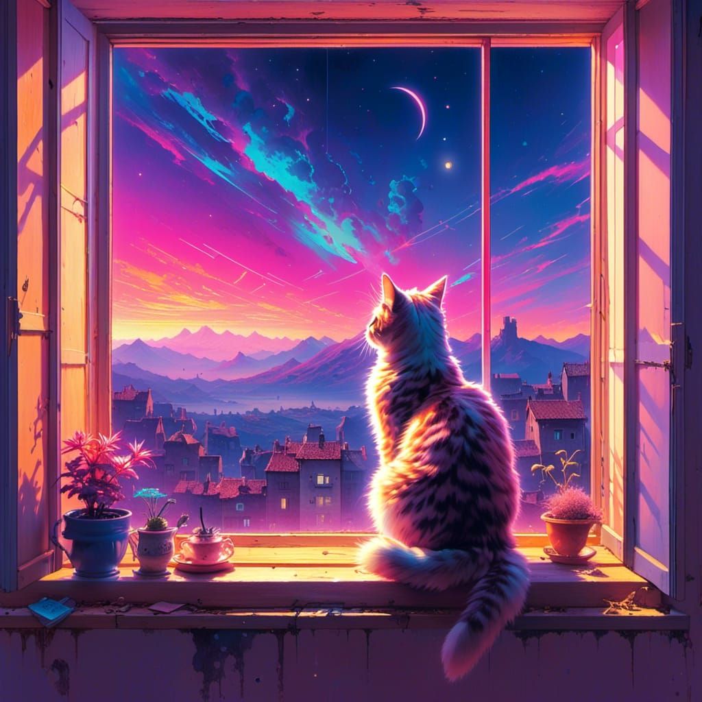 <lora:Stunning:1.0> Cat, on the window sill, synthwave neon retro with vaporwave
