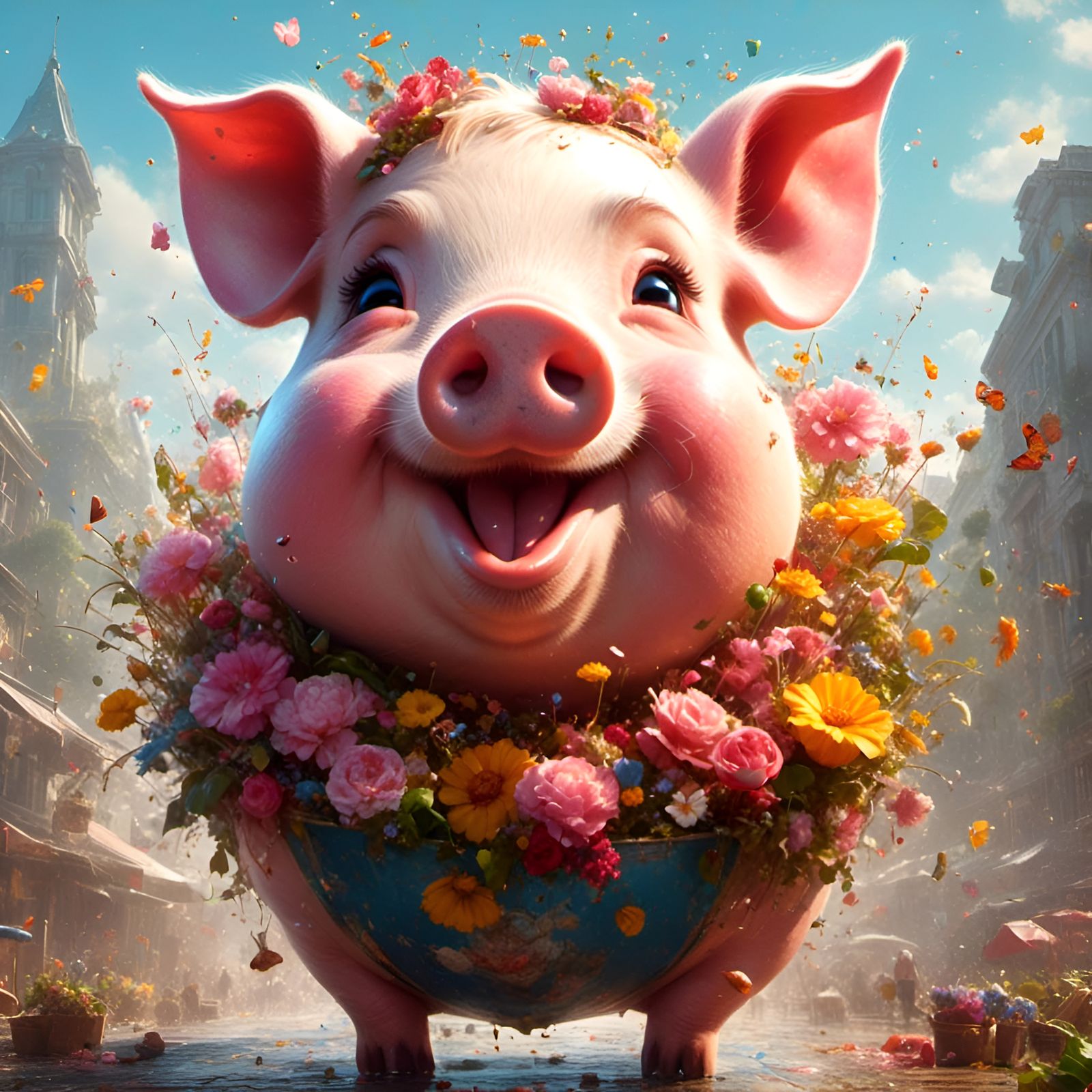 Joyful Pig Portrait in Animated Style