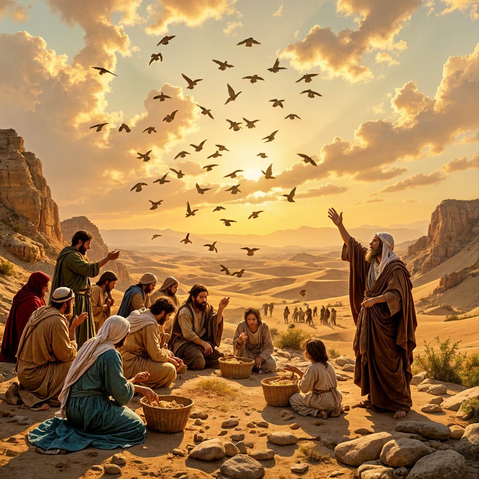 Biblical Painting of Israelites Receiving Manna and Quail