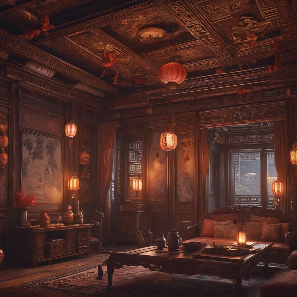 Ornate Chinese Room with Lanterns in Matte Painting Style