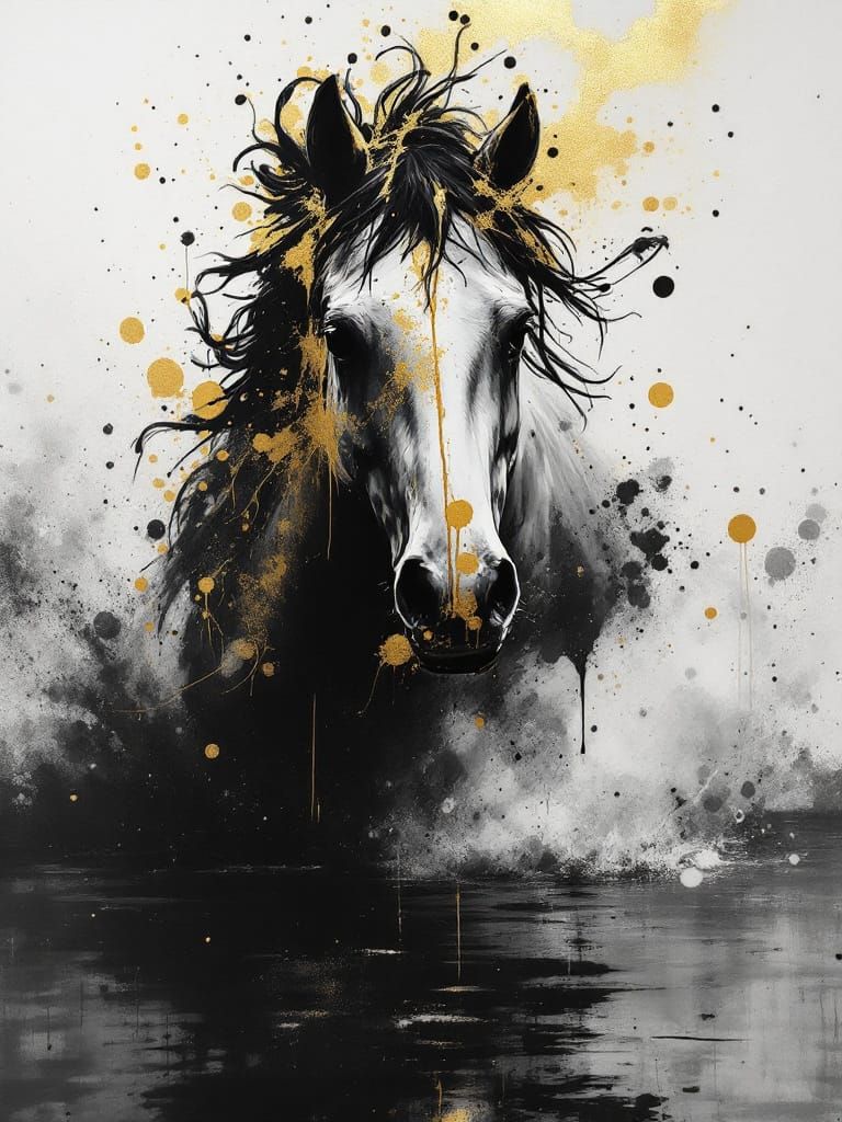 White Mare Gallops Through Fog on Golden Waves