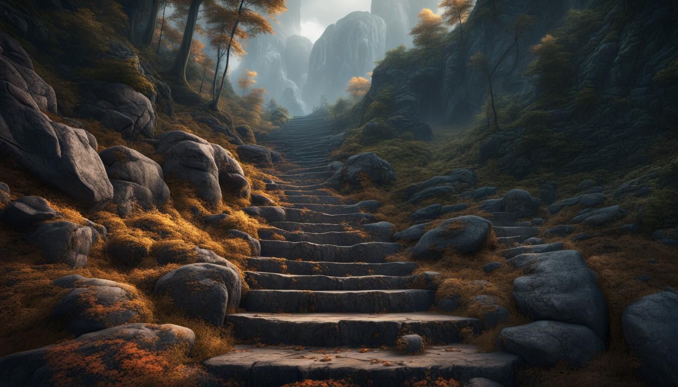 Mysterious Stone Steps Ascend Mountain in Detailed Painting