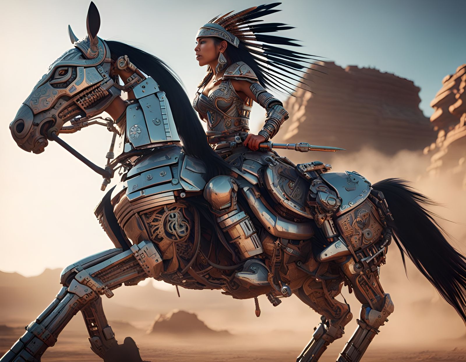 Futuristic Aztec Woman Hunter on Horseback