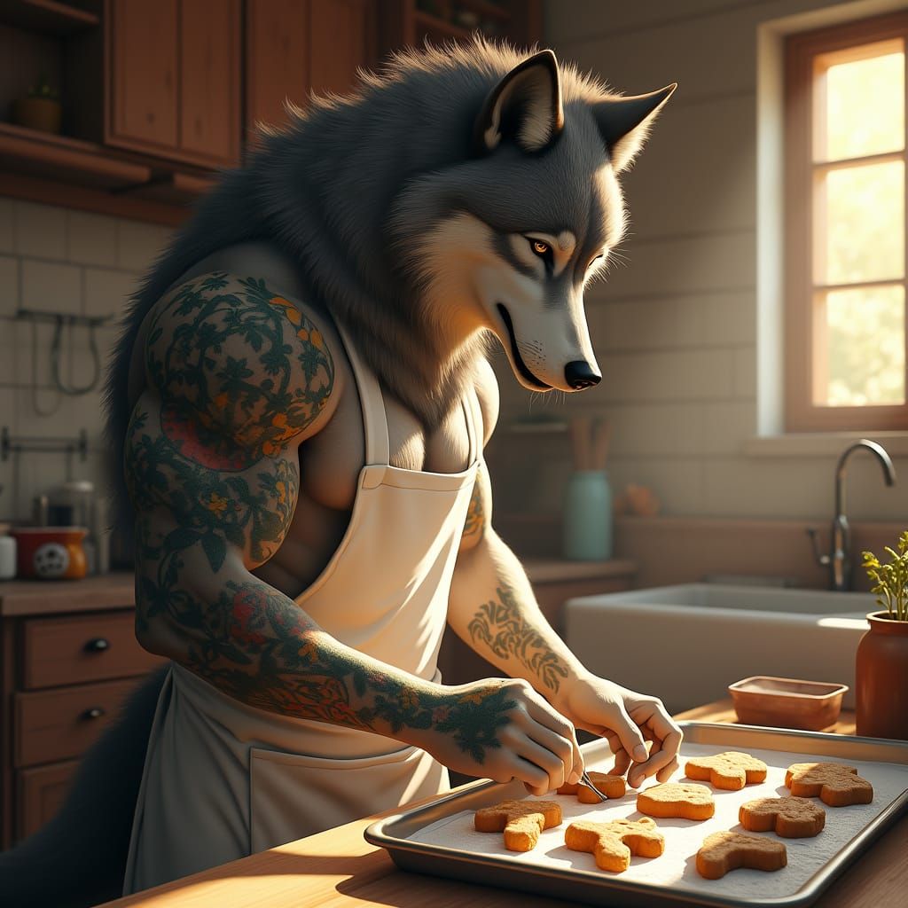 Muscular Wolf Man Piping Icing onto Dog Cookies in Rustic Ki...