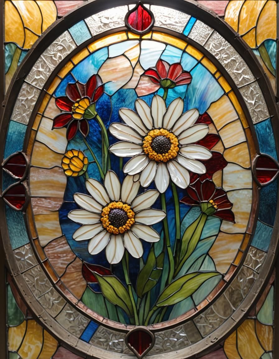 Stained Glass Daisy in Art Nouveau Style