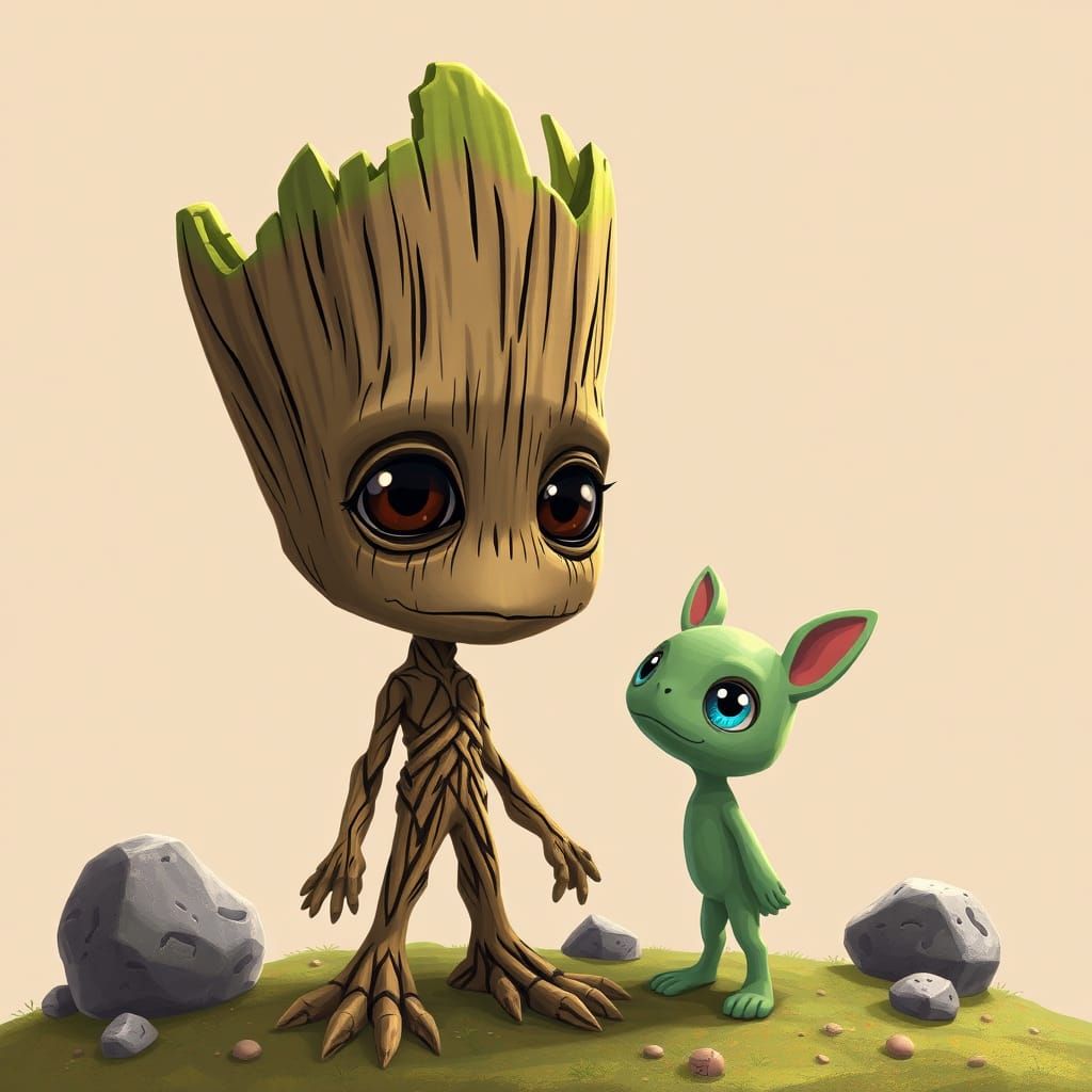 Groot and Little Handsome in a Mysterious Cosmic Setting