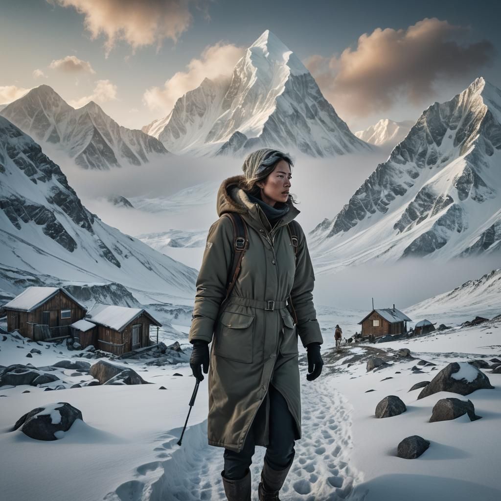 Woman in Arctic Clothing Walking Towards Outpost