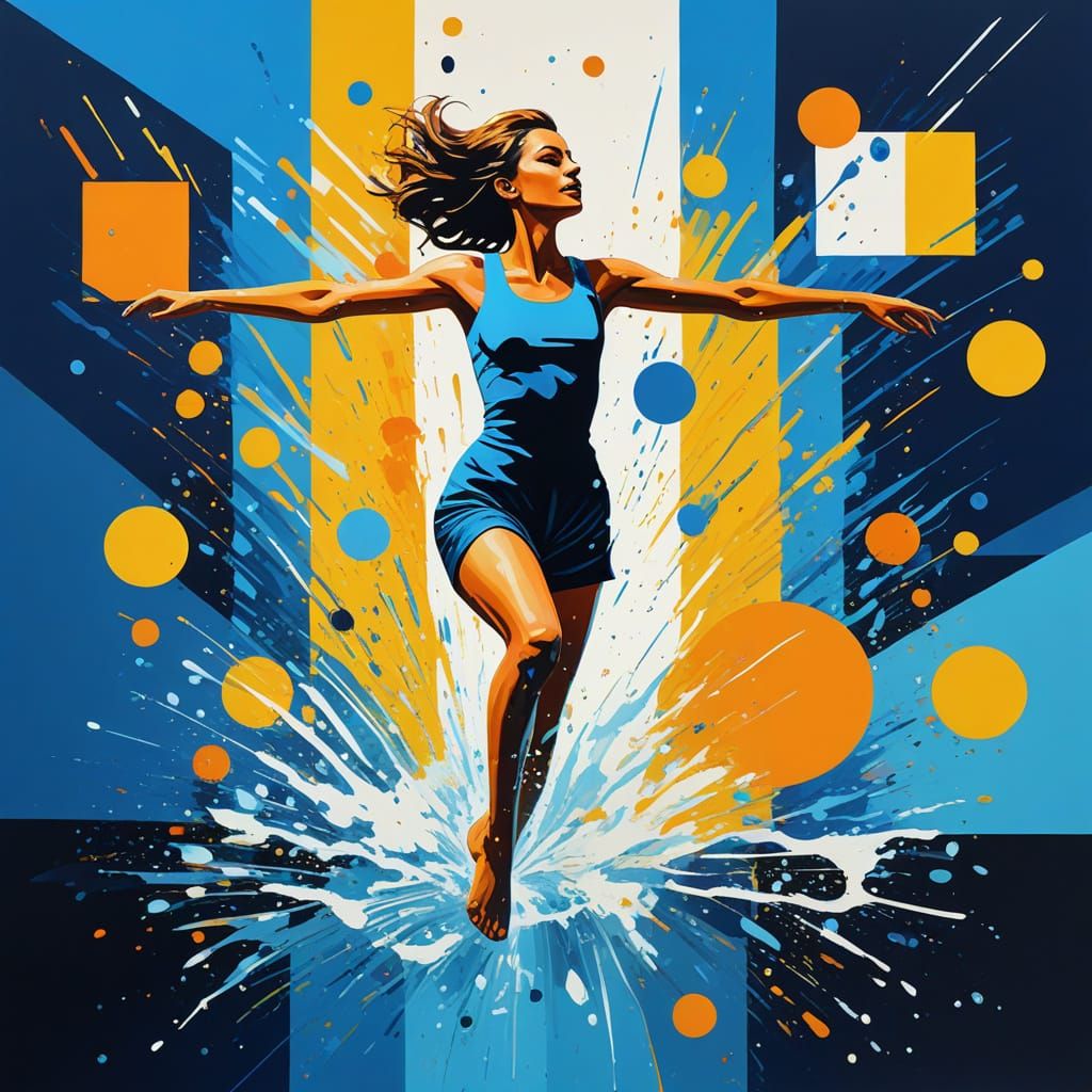 Woman Jumping into Water: Mid-Century Modern Acrylic Paintin...