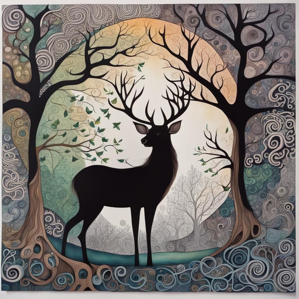 Abstract Forest Scene with Zentangle Deer