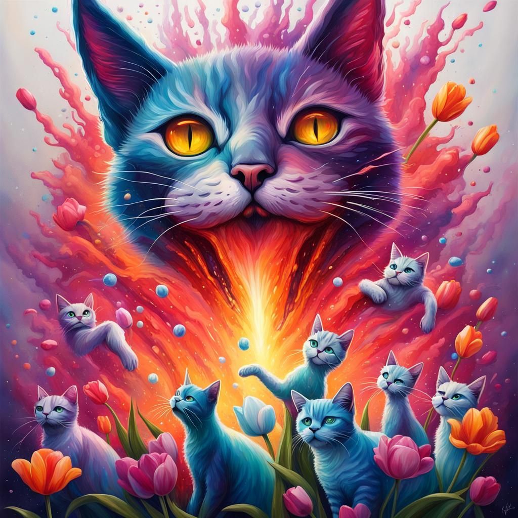 Galactic Volcano Cats Erupting Rainbow Glitter: Graffiti Art
