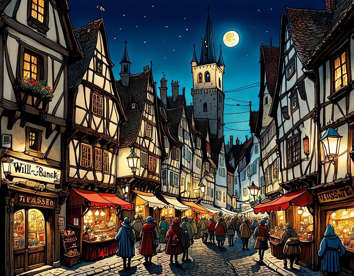 Medieval Night Festival Doodles in Intricate Sketch Style
