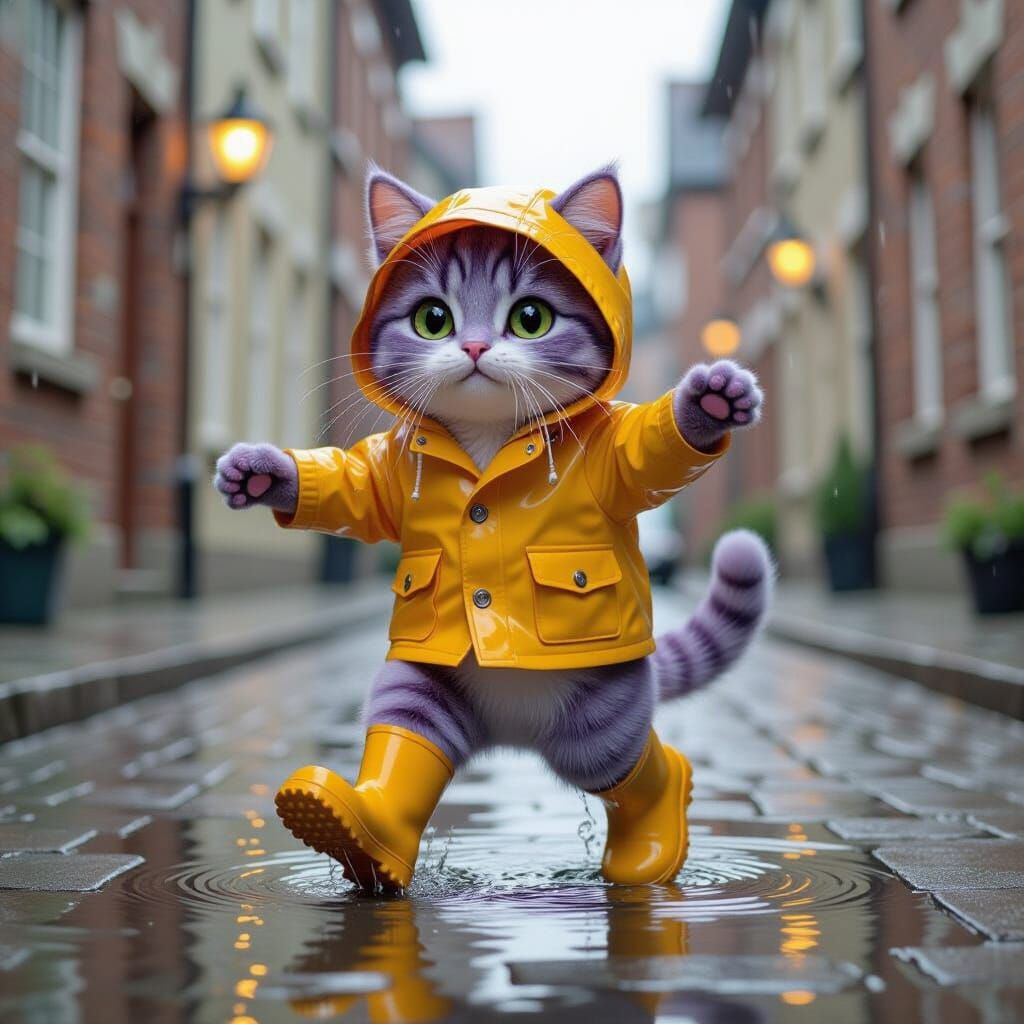 Whimsical Purple Cat Jumping in Puddles