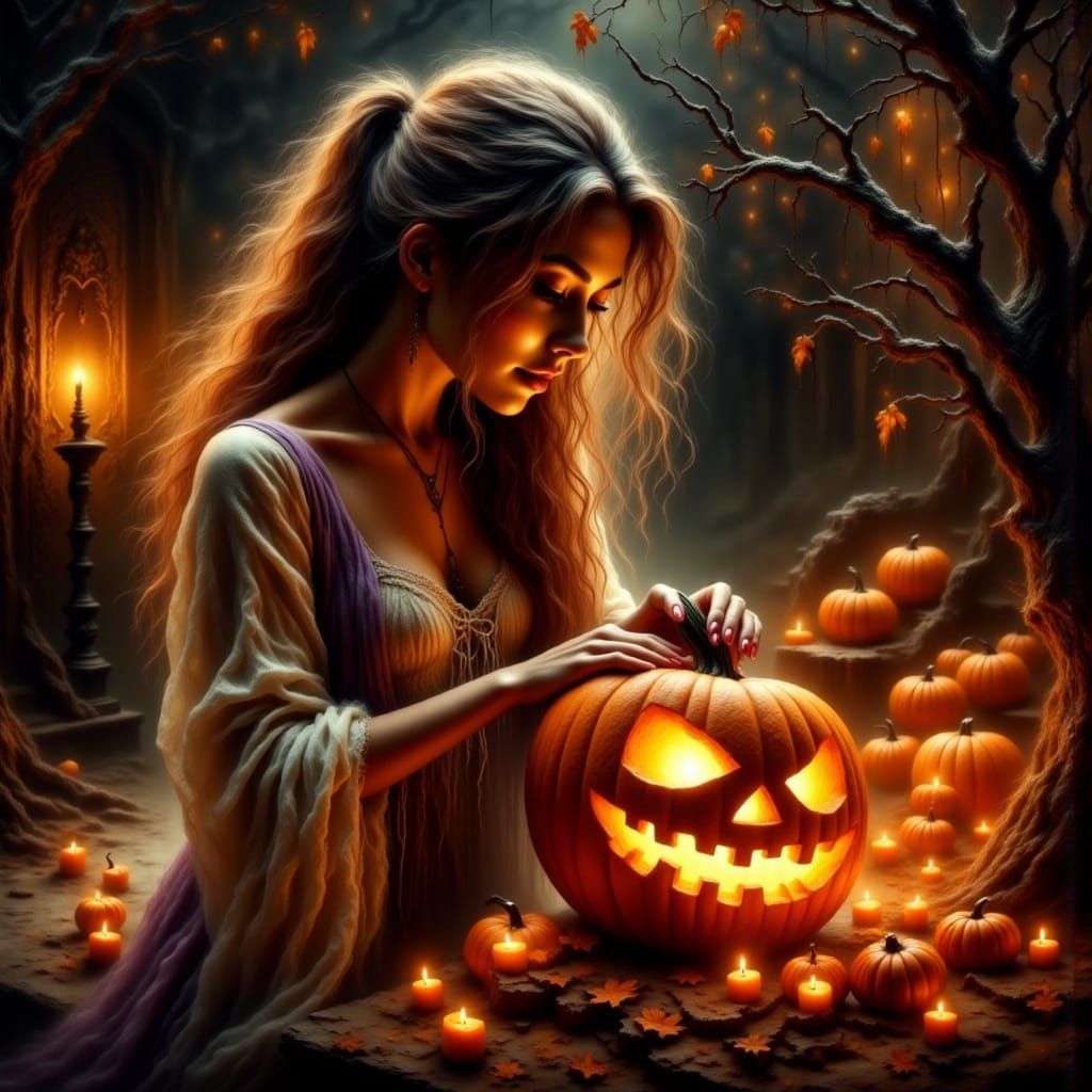 Woman Carving Halloween Pumpkin by Candlelight