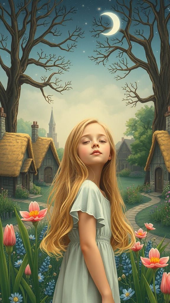 Serene Girl Contemplates Under Crescent Moon in Whimsical La...
