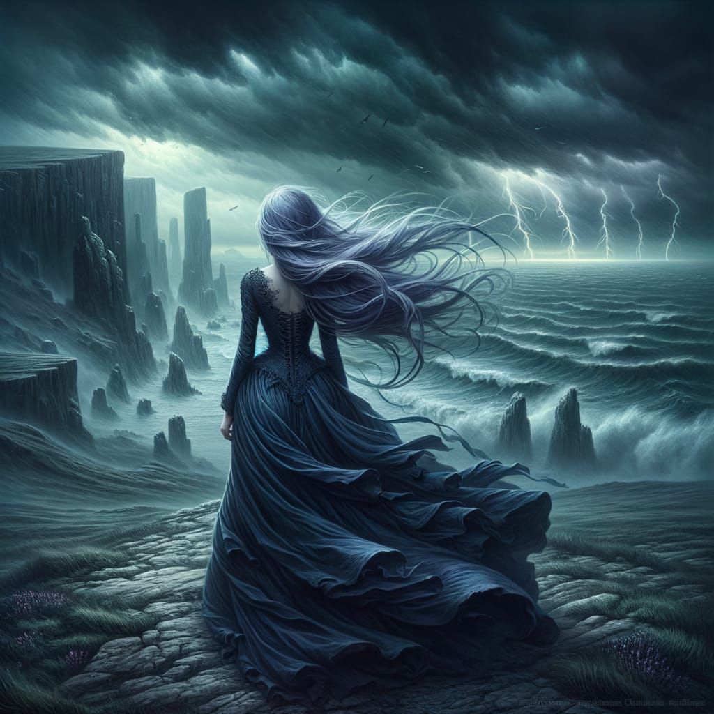 Gothic Goddess on a Cliff in Romantic Style