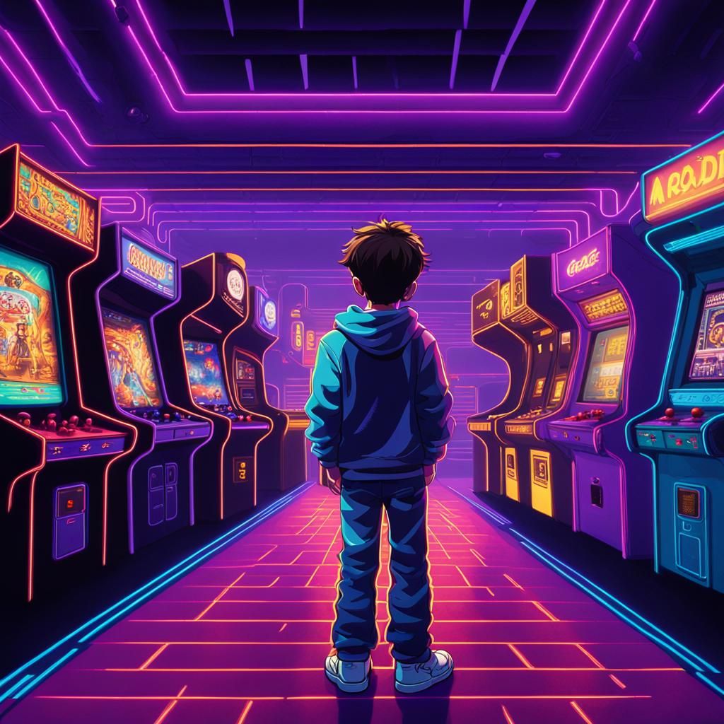 Nostalgic Arcade Scene with Glowing Neon Lights