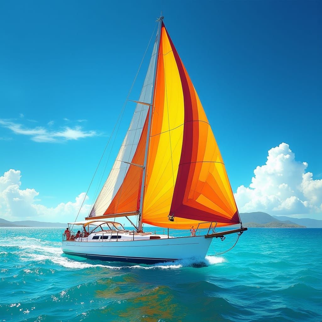 Vibrant Sailboat on Turquoise Ocean Under Blue Sky