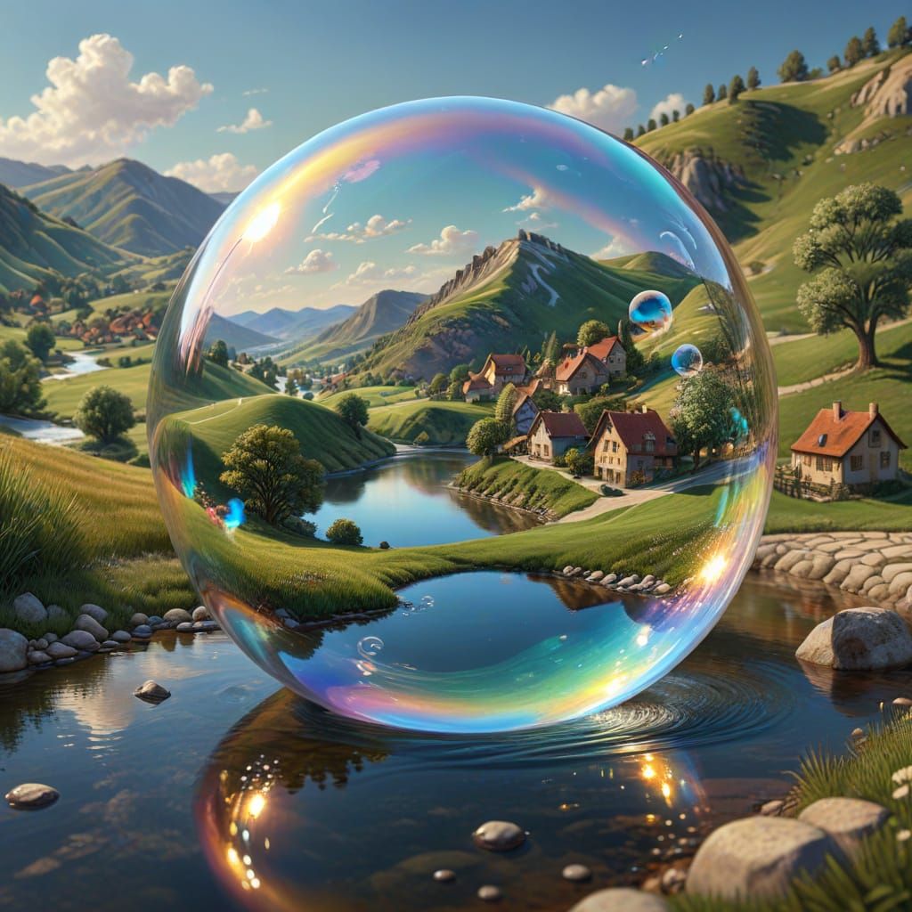 Soap Bubble Reflecting Miniature Landscape: Digital Painting