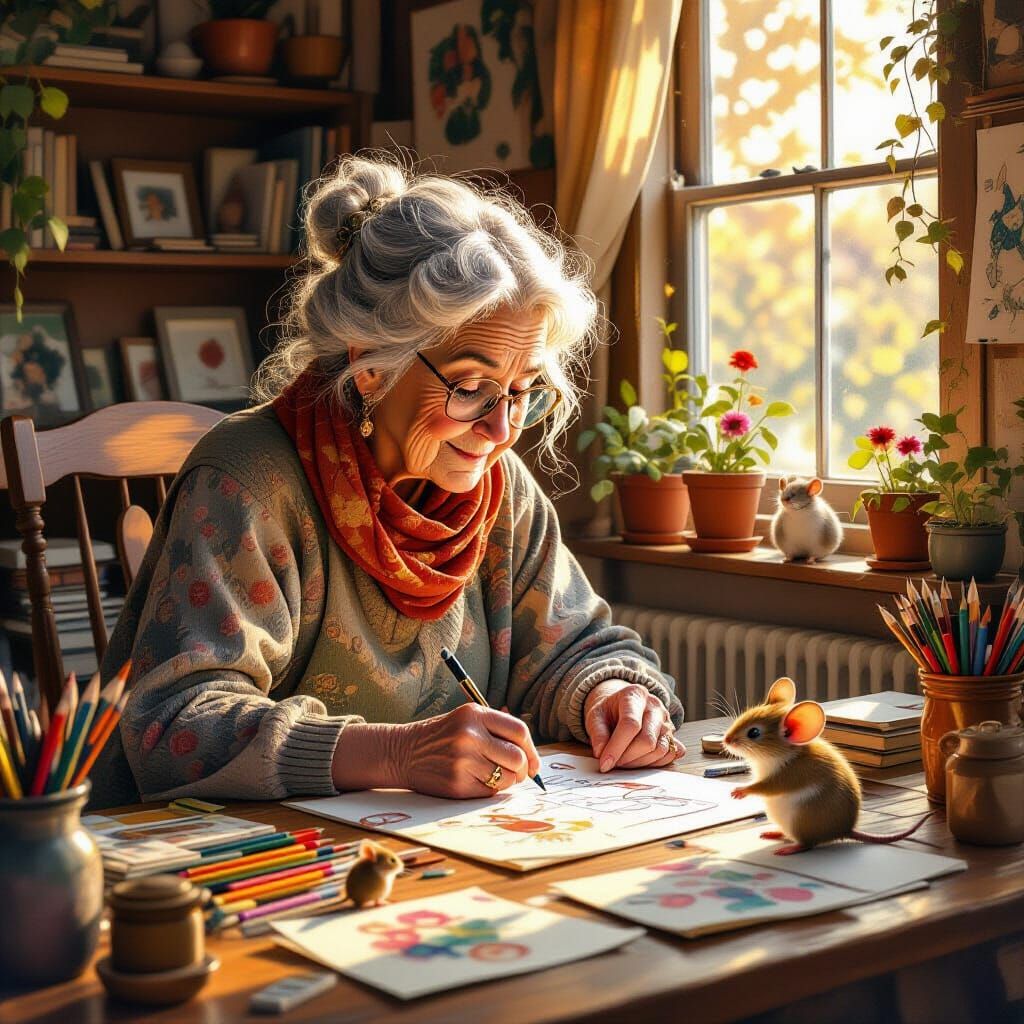 Elderly Illustrator's Magical Studio with Living Characters
