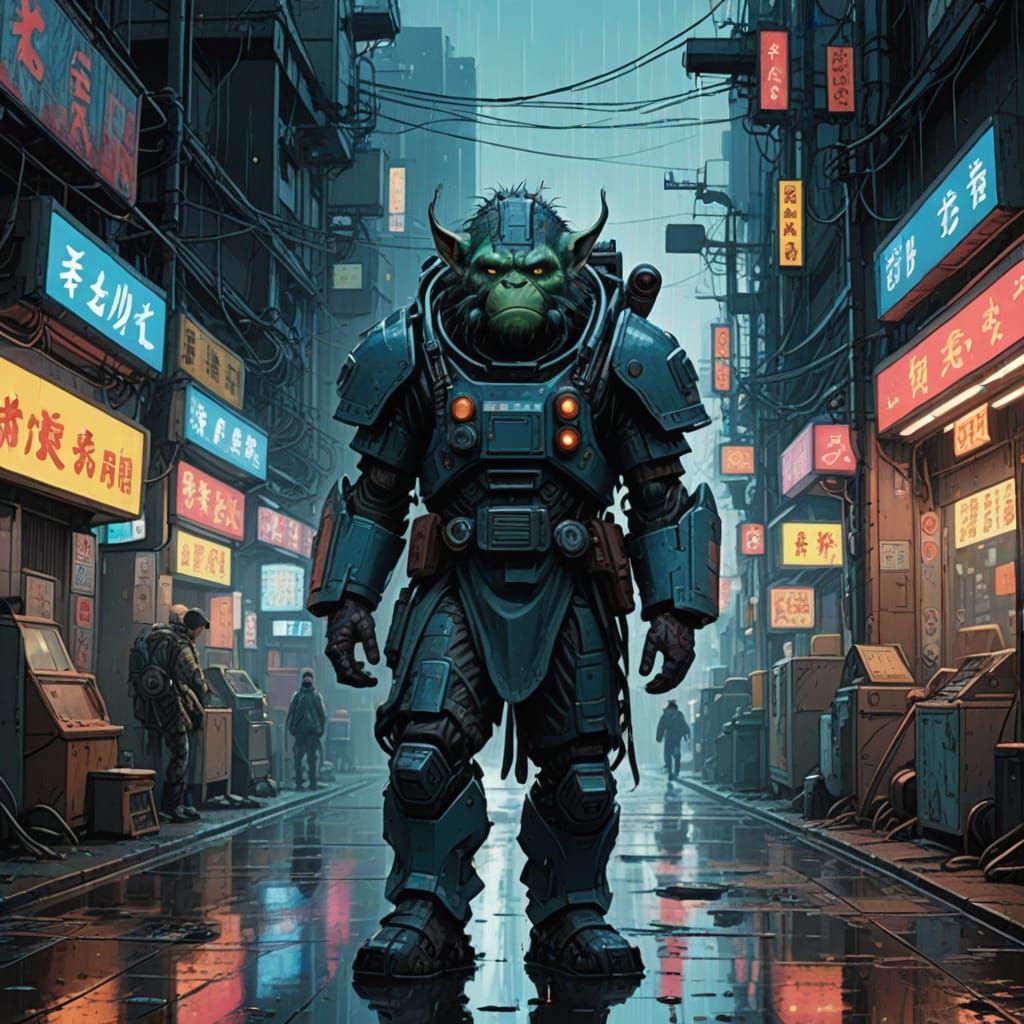 Cyberpunk Troll Rigger Amidst Dystopian Metropolis