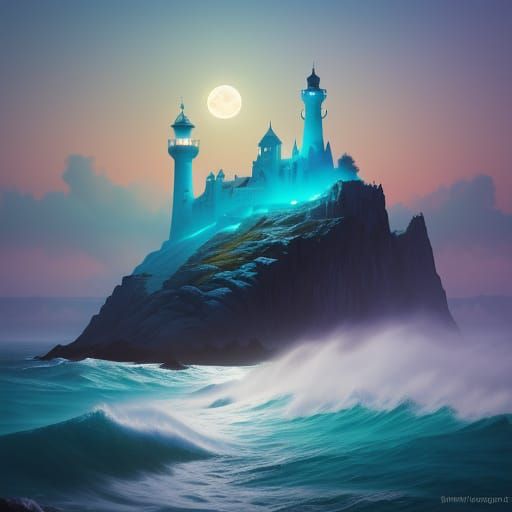 Turquoise Lighthouse in Moonlit Fog, Oil Painting