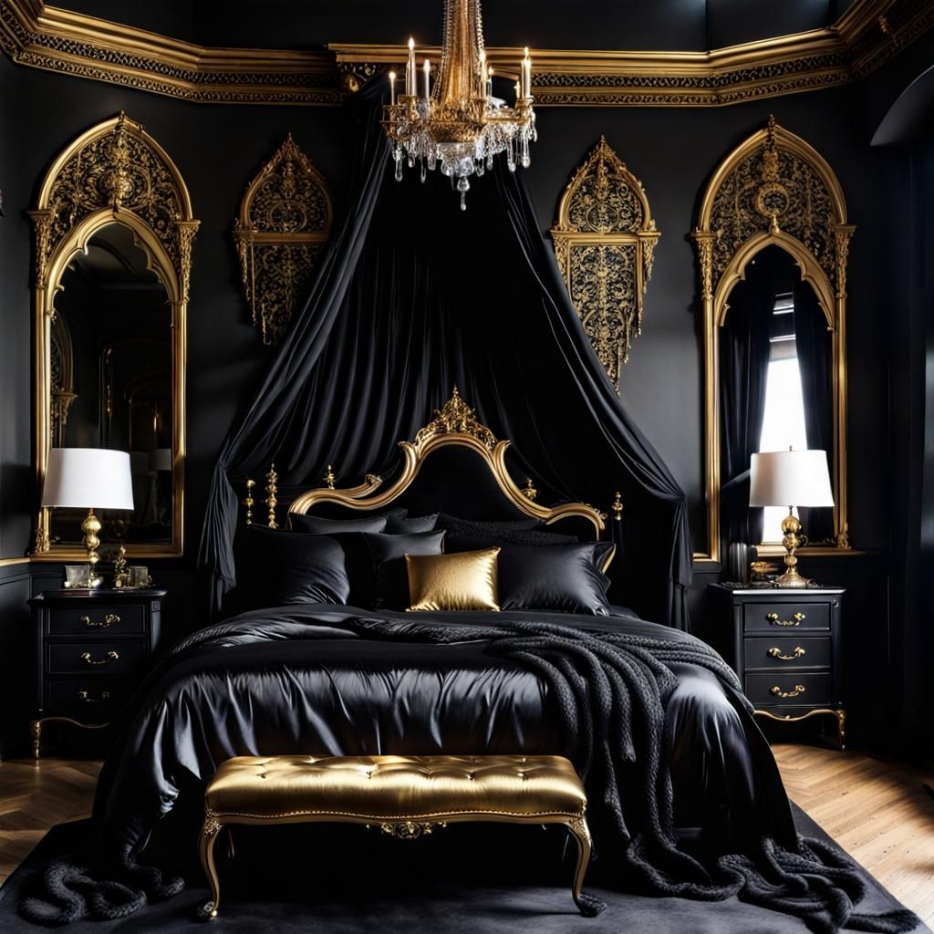 Gothic Black and Gold Bedroom with Silk Sheets