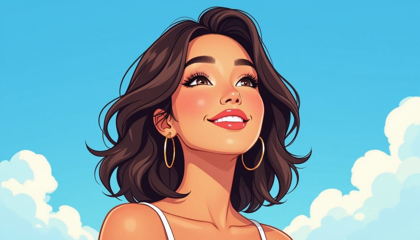 Brunette Woman Gazing Skyward in Cartoon Style