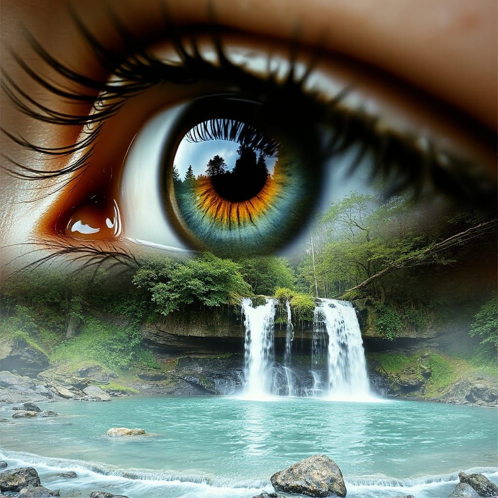 Double Exposure Eye Art with Forest Waterfall