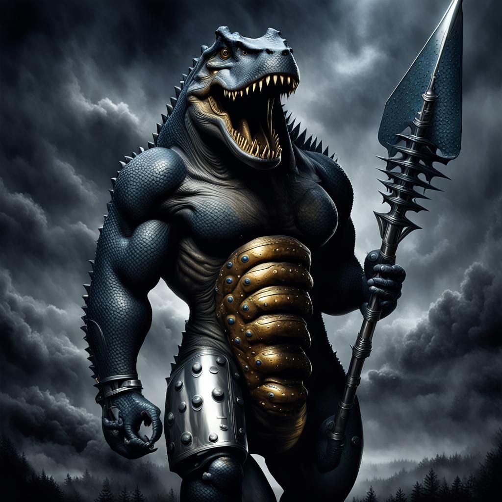 Humanoid T-Rex Warrior with Spear in Digital Art