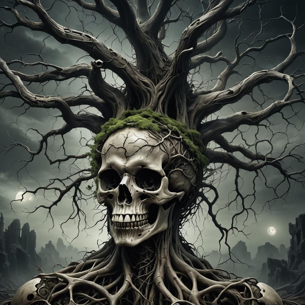 Surreal Tree Growing From Skull in Biomechanical Art