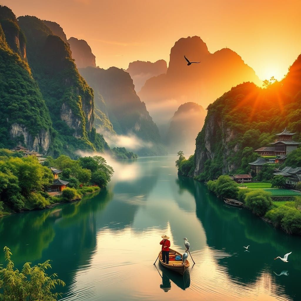 Lush Guilin Landscape with Karst Mountains and Li River