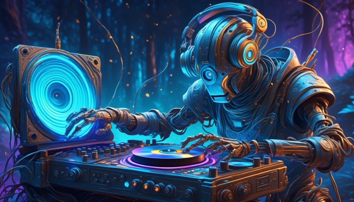 Robot DJ Plays Records with Steam in Hyperrealistic Style