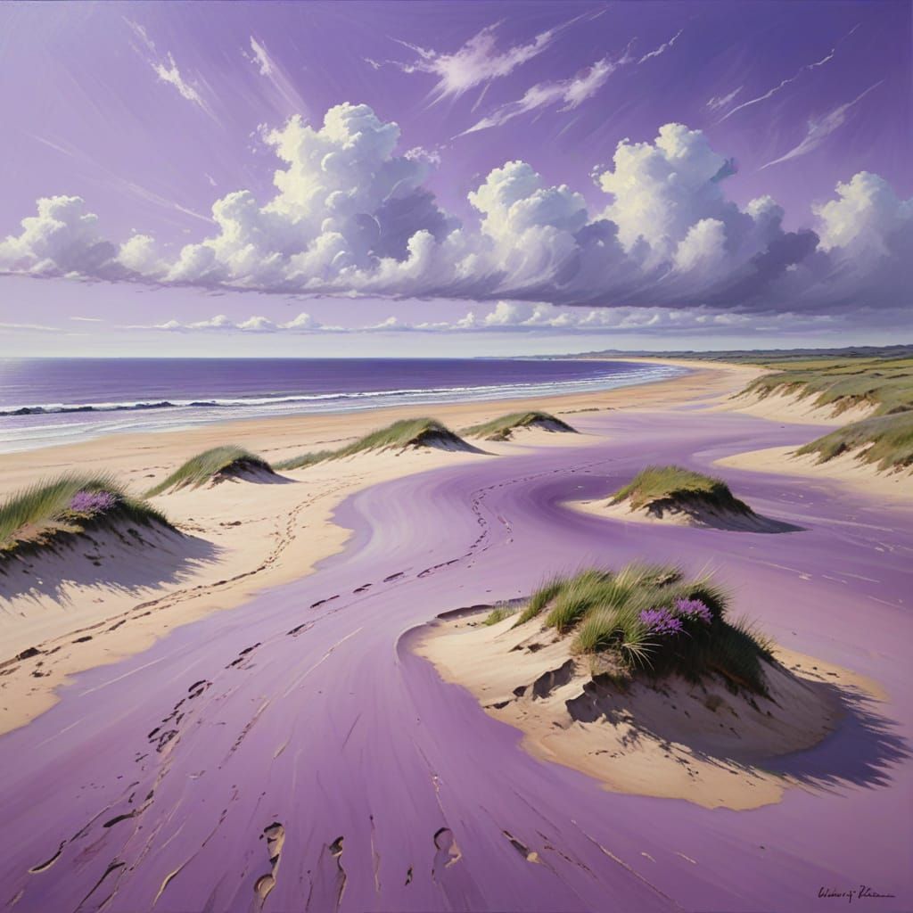 Vibrant Purple English Beach Dunes in Oil Painting