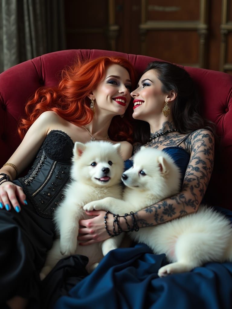 Vampiresses with Samoyed Puppies in Gothic Style