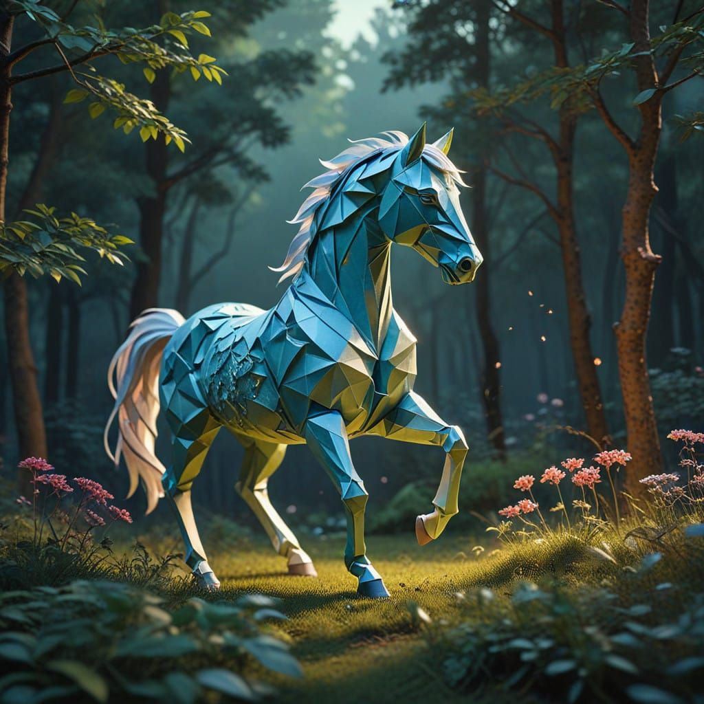 Ethereal Origami Horse in Serene Paper Landscape