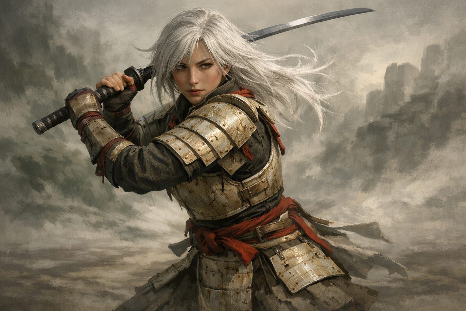 Solitary Samurai Planeswalker in Abstract Landscape