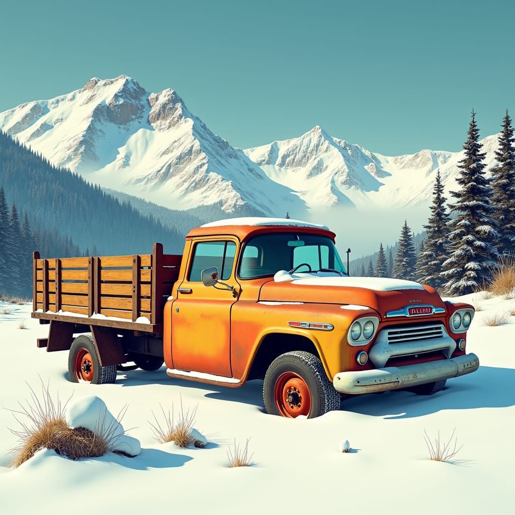 Vintage Truck in Snow, Pop Art Digital Rendering