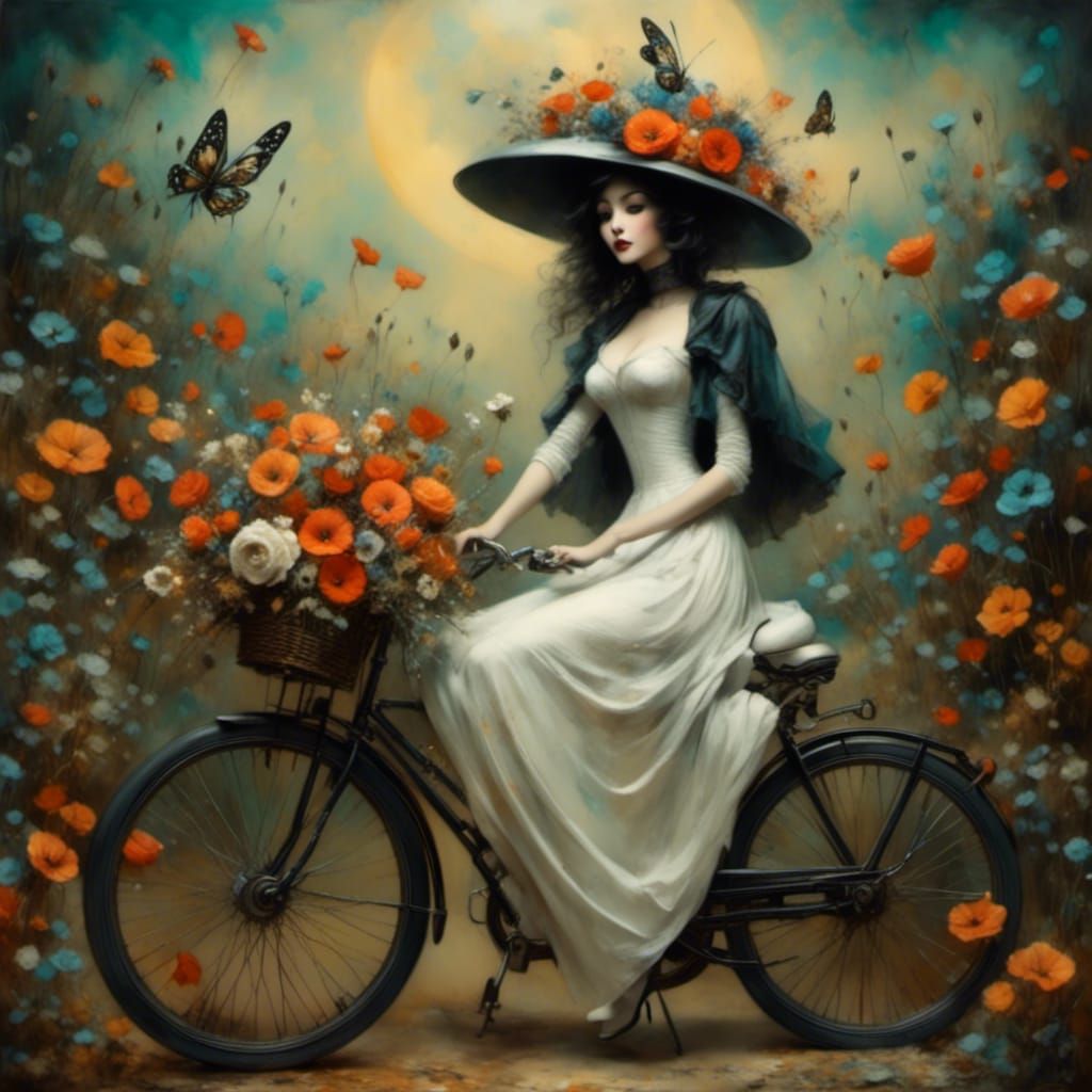 Robot Girl Rides Bike in Dreamcore Garden