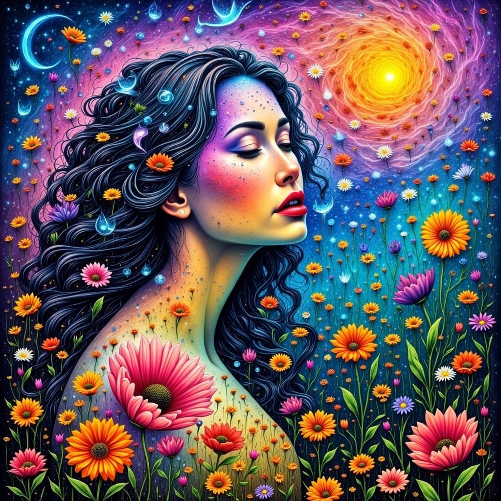 Mystical Singer Amidst Vibrant Wildflowers and Psychedelic P...