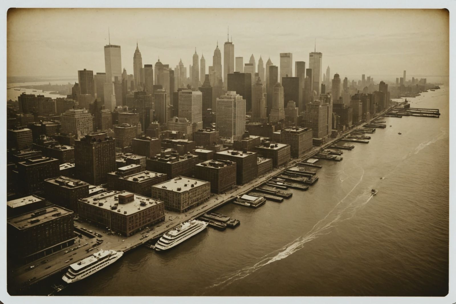 Foggy New York Chelsea Pier in Sepia Polaroid Style